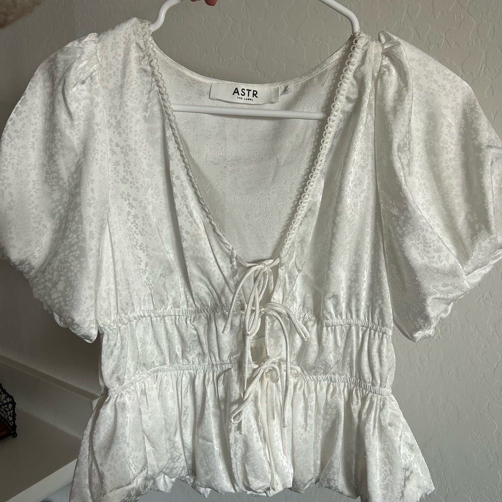 ASTR The Label Satin Ivory Tie Blouse
